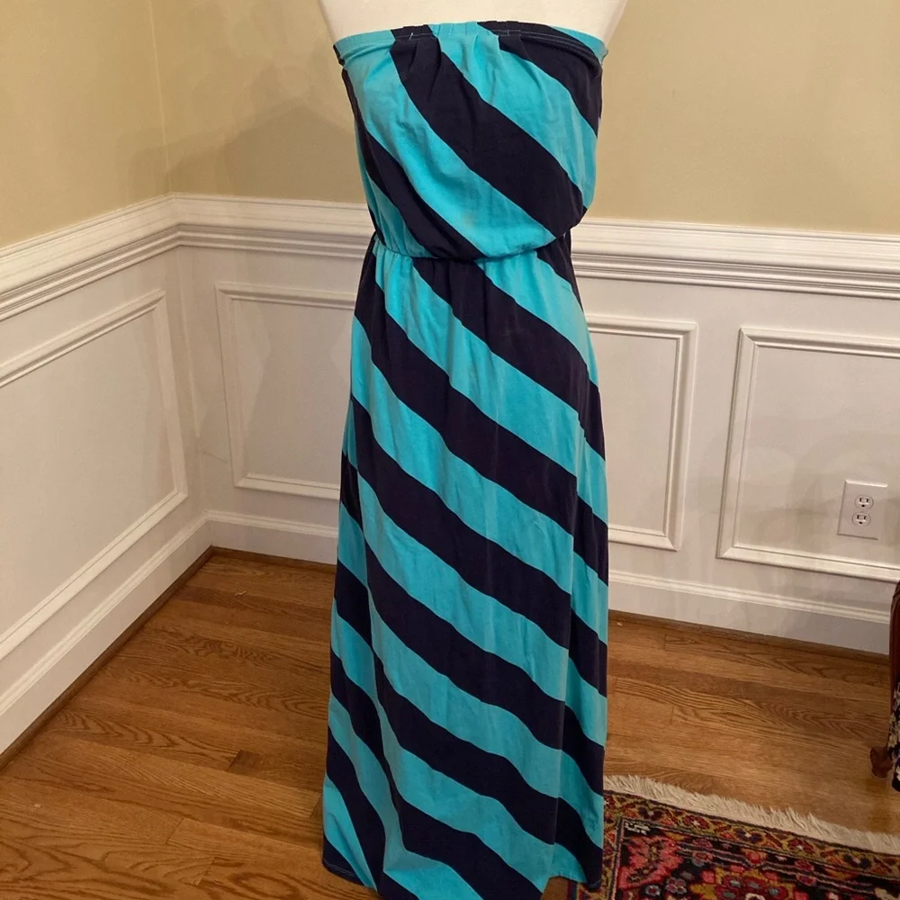 Lilly Pulitzer Strapless Maxi Dress in Teal and Navy Diagonal Stripe - Picture 2 of 5